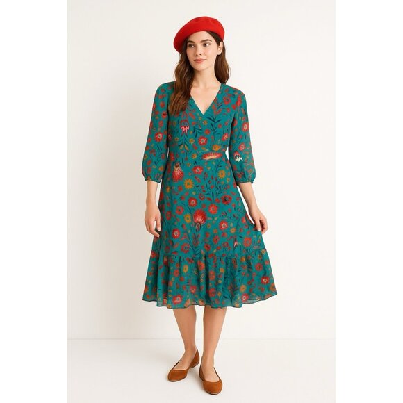 BODEN dress midi 3/4 sleeve floral v neck isabelle ultramarine carnival 16R - Picture 1 of 8